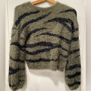 EUC Moral Fiber small green, and black animal print eyelash sweater